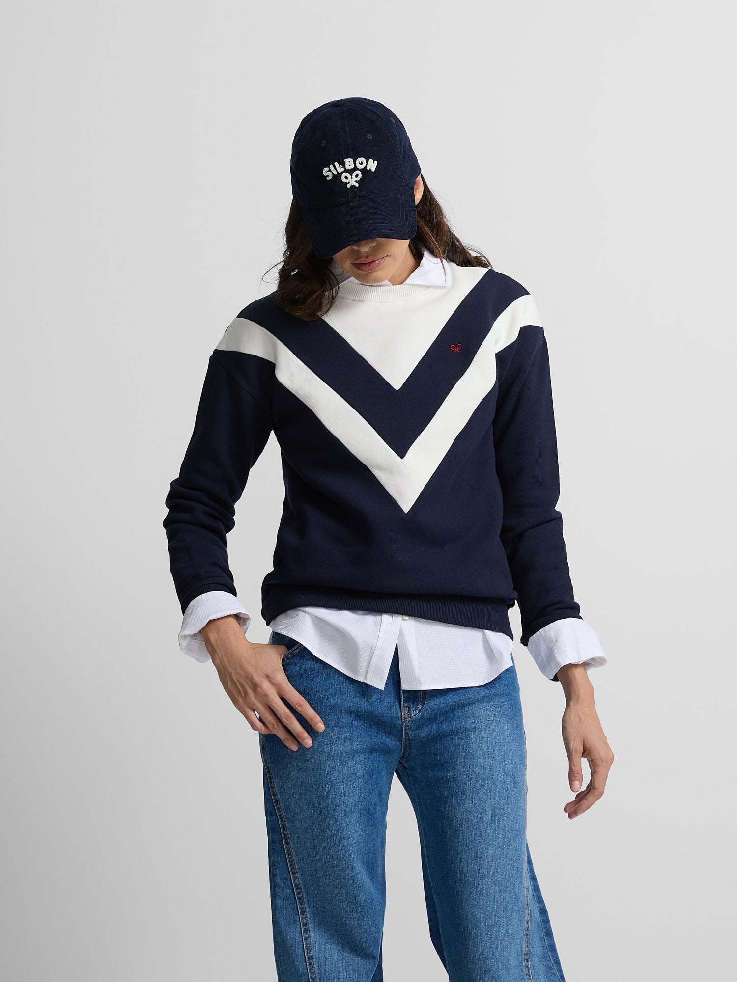 Sweat femme rétro bleu marine et écru