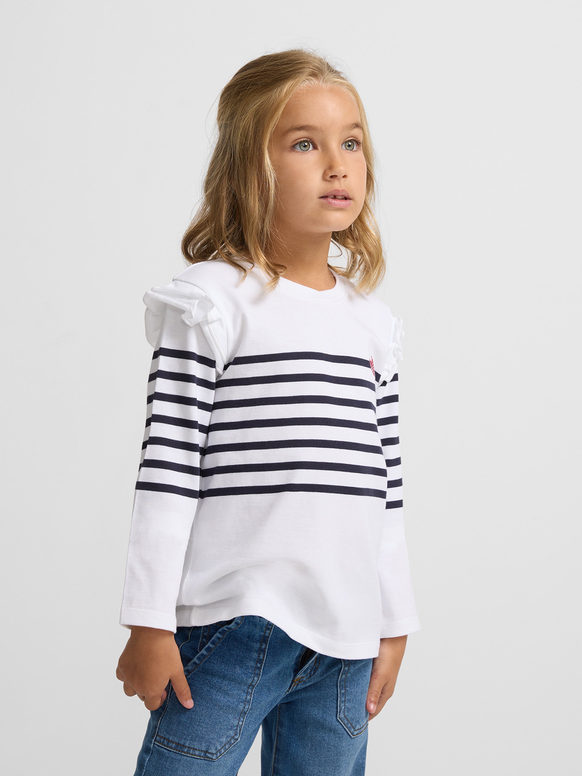 Girl's long-sleeved t-shirt with ecru and black stripes