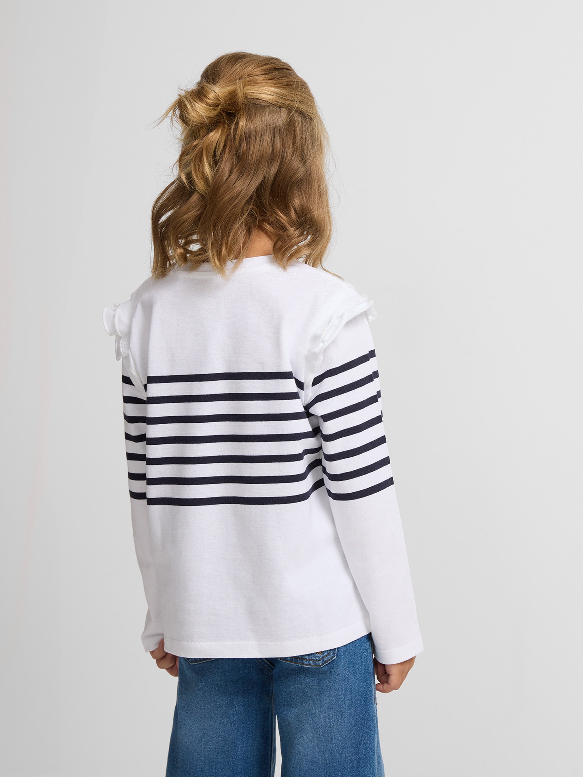 Girl's long-sleeved t-shirt with ecru and black stripes