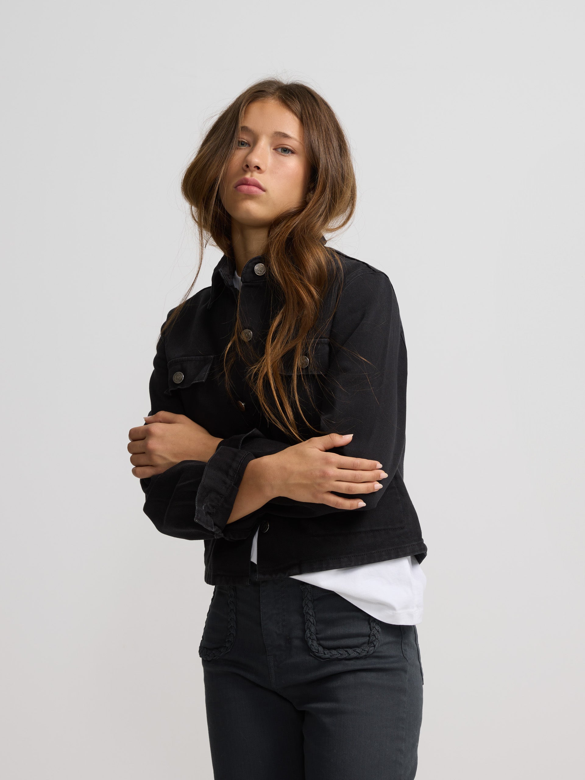 Black button denim jacket