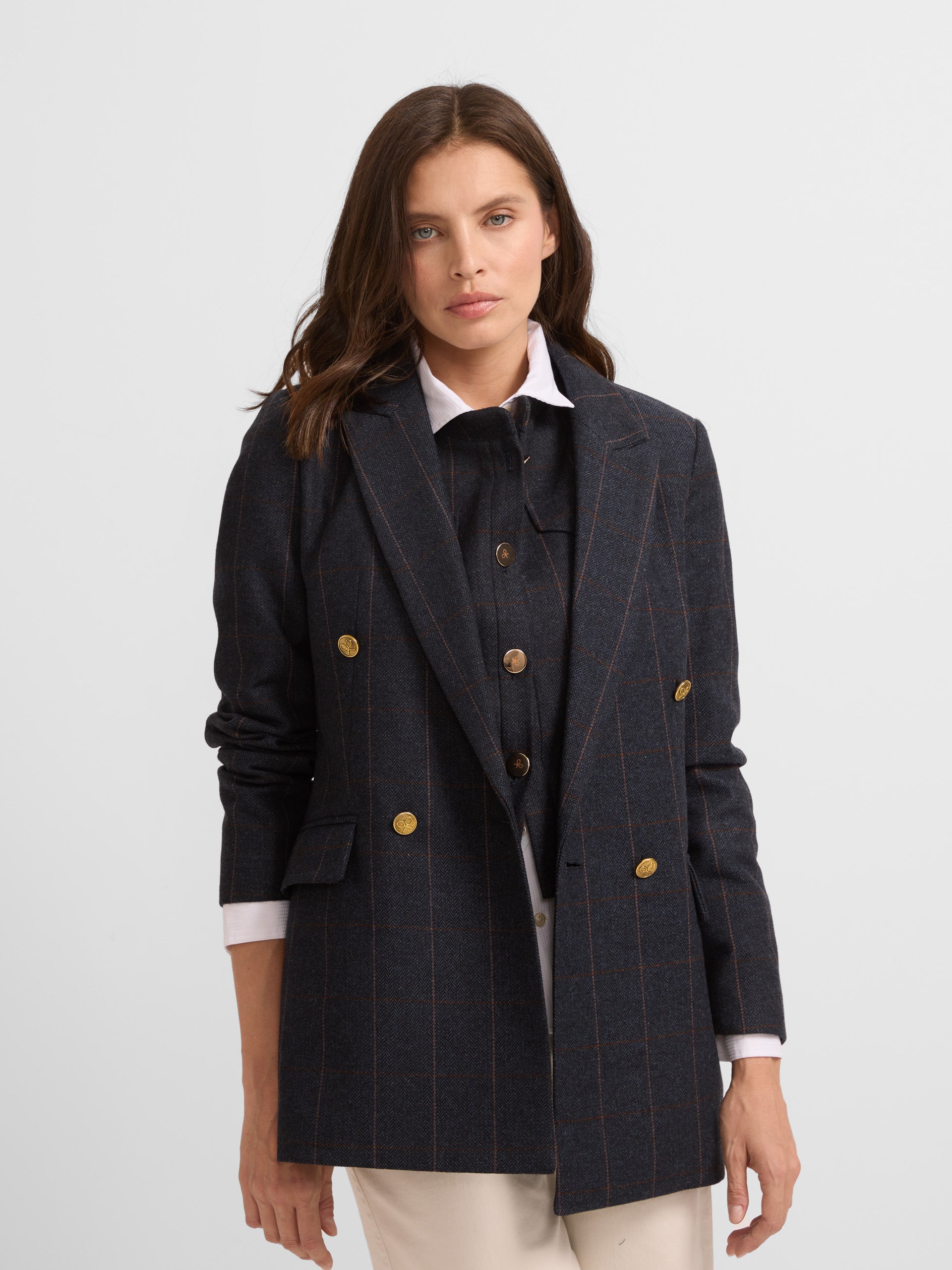 Navy check herringbone double-breasted blazer