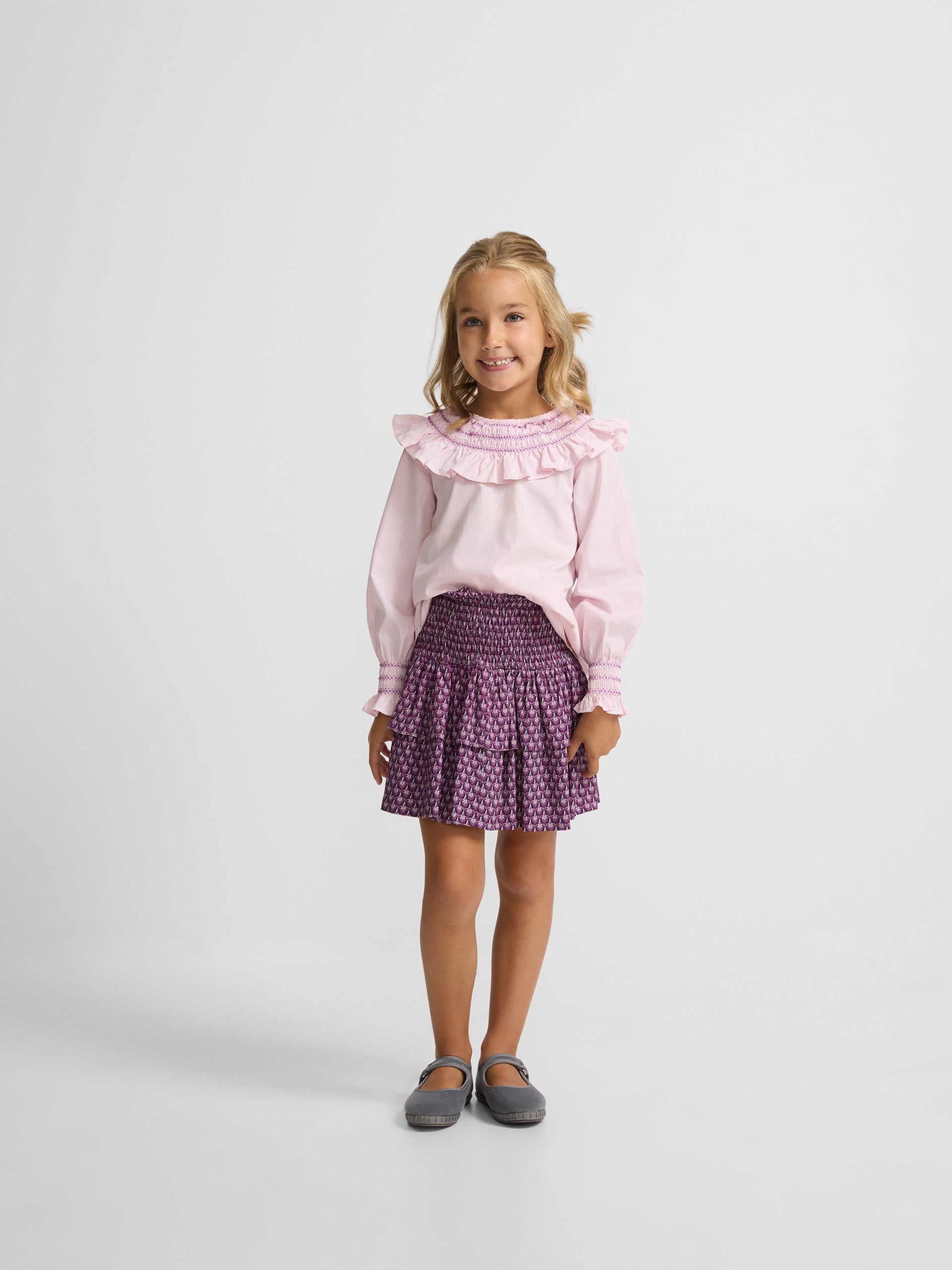 Falda mini girl volantes flores moradas