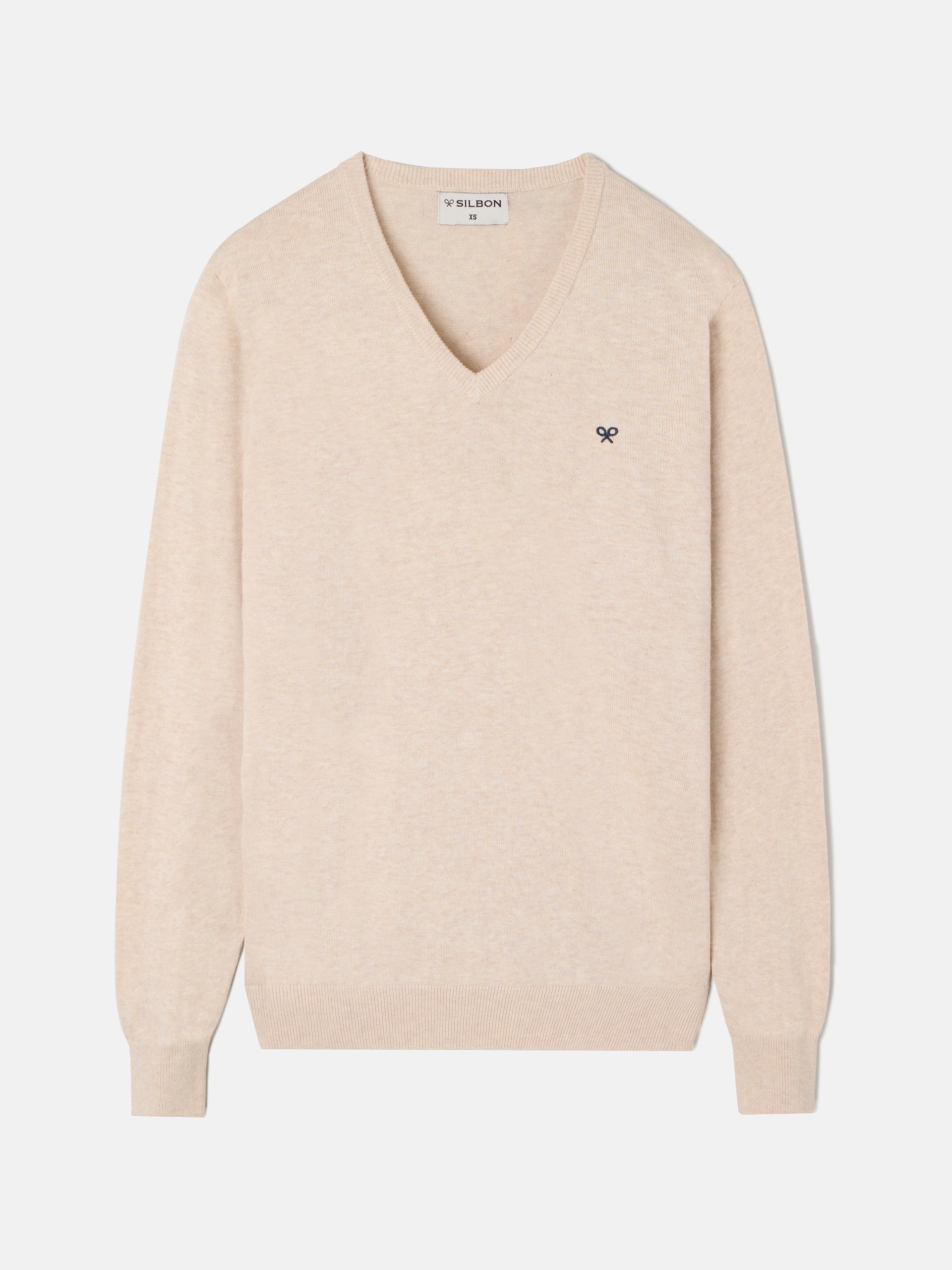 Pull col v uni beige