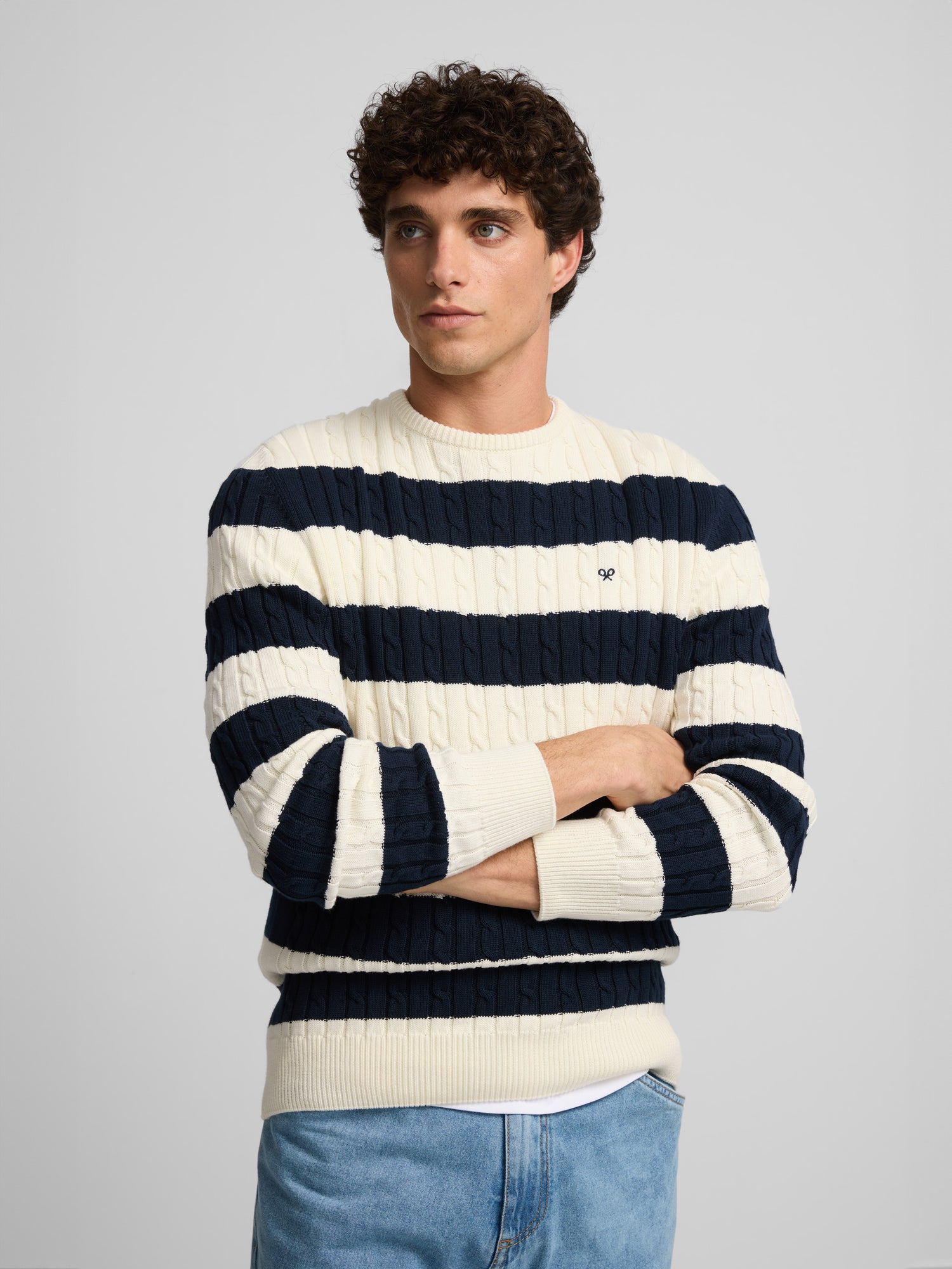 Pull torsadé rayé bleu marine