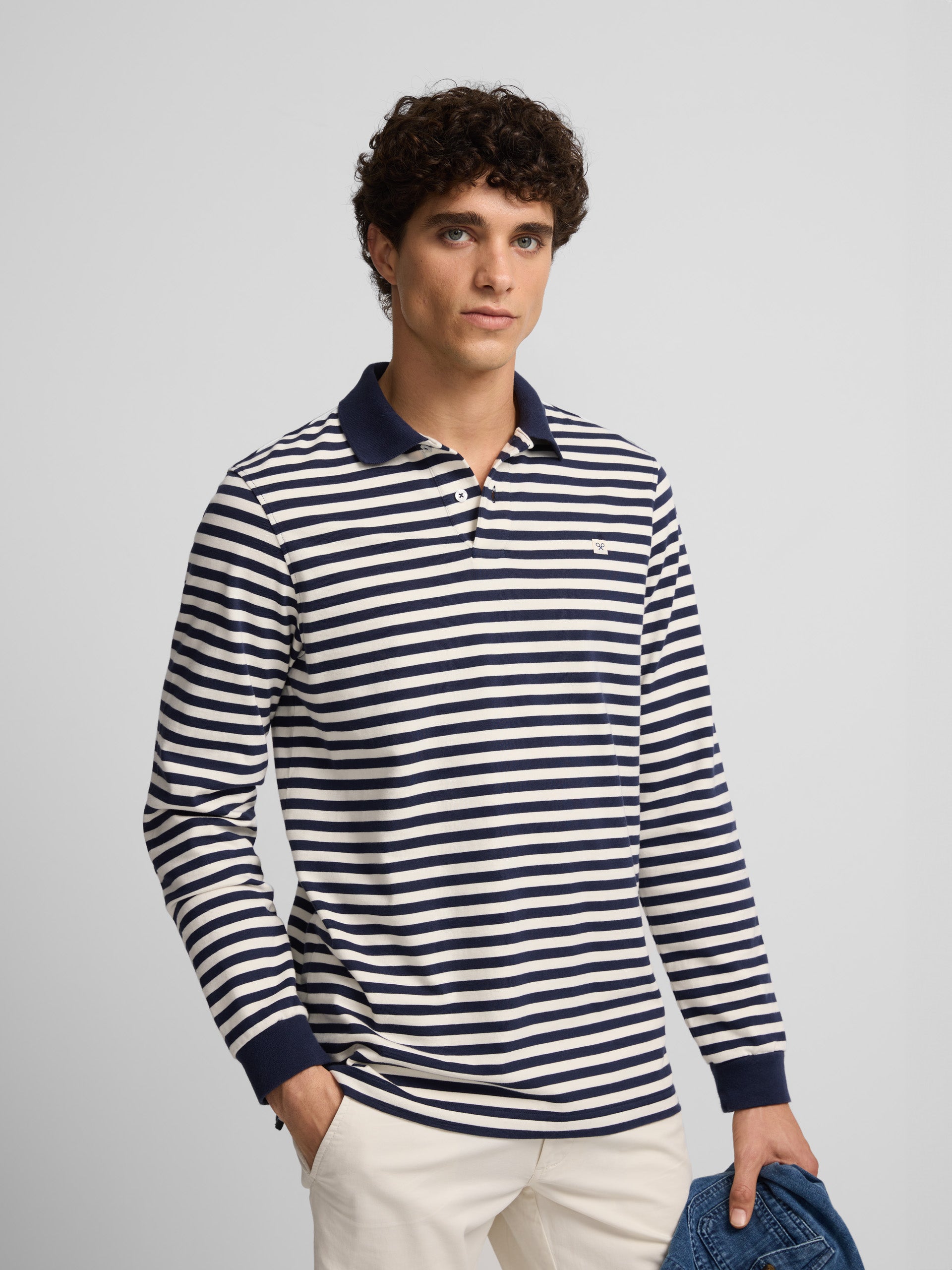 Polo manches longues mille rayures bleu marine