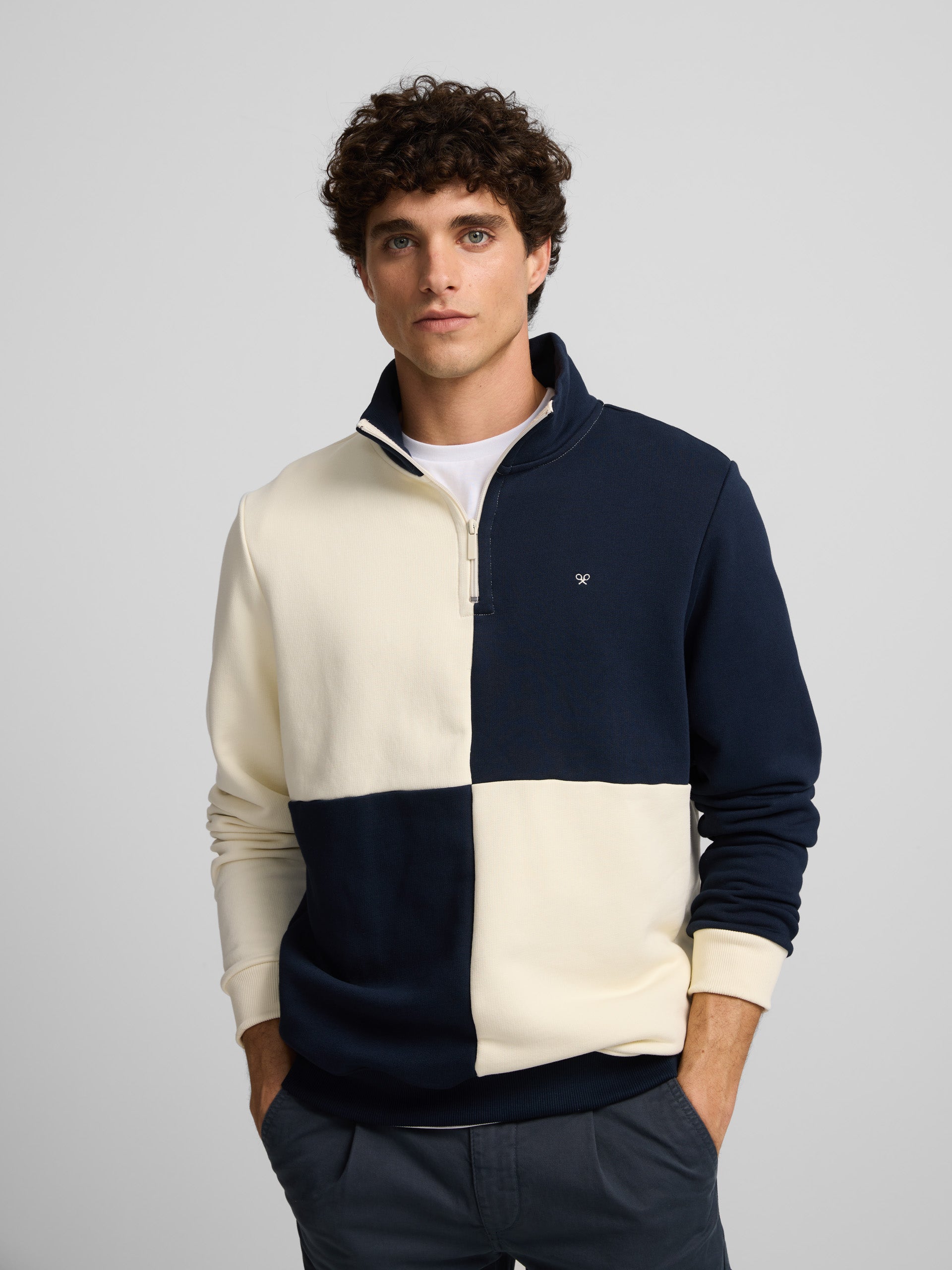 Sudadera cuadros beige marino