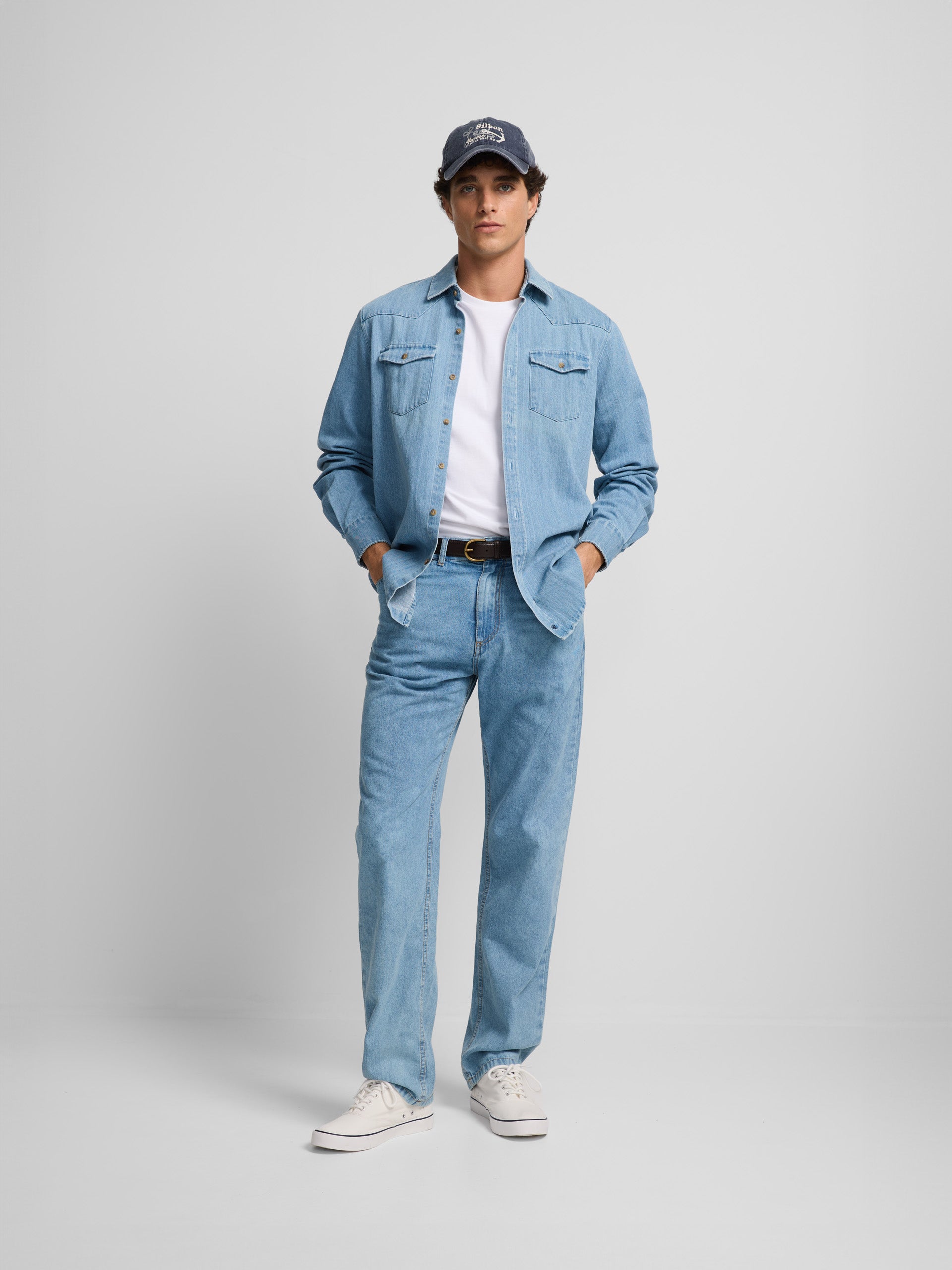 Denim shirt with medium blue pockets