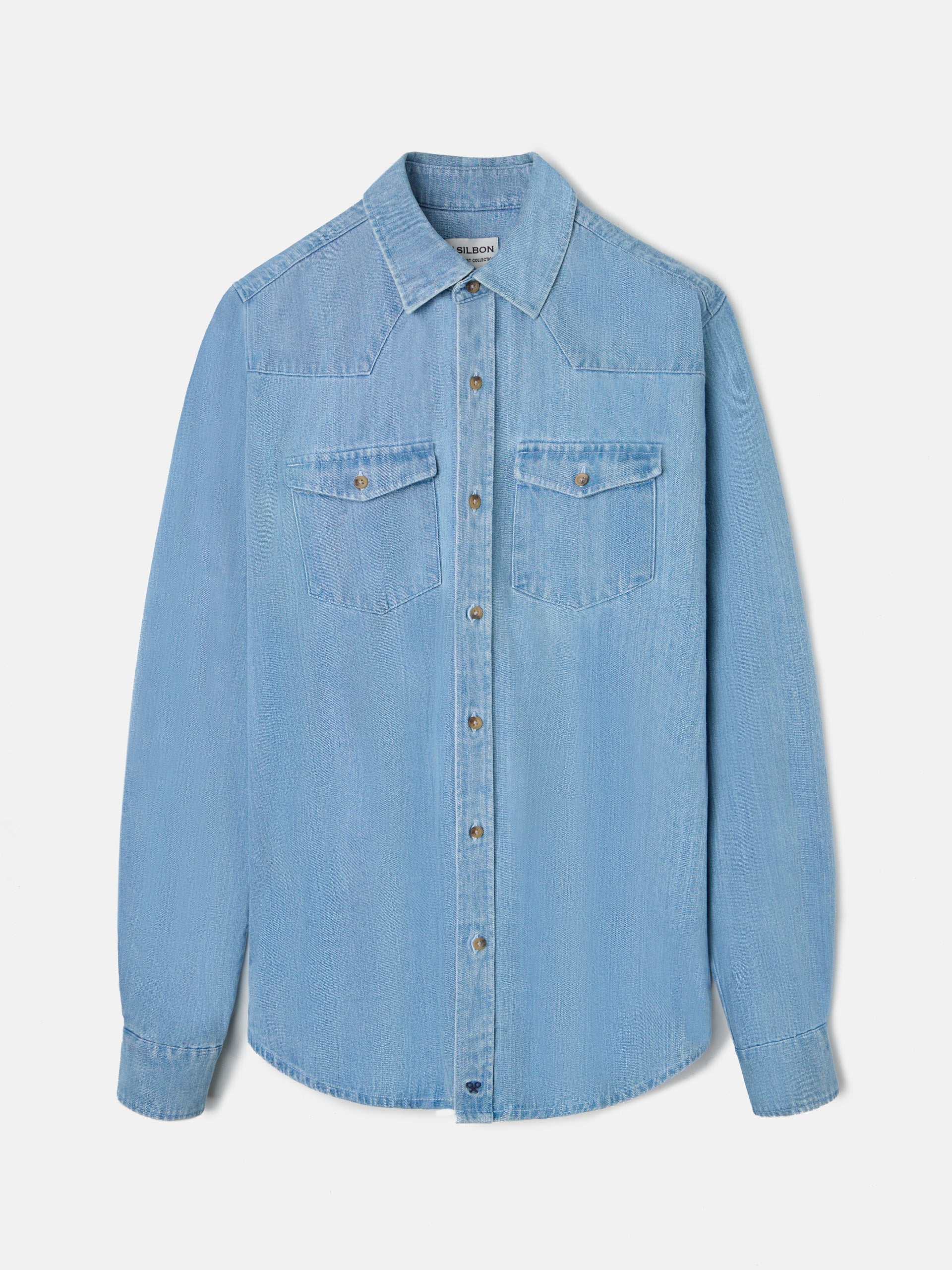 Denim shirt with medium blue pockets