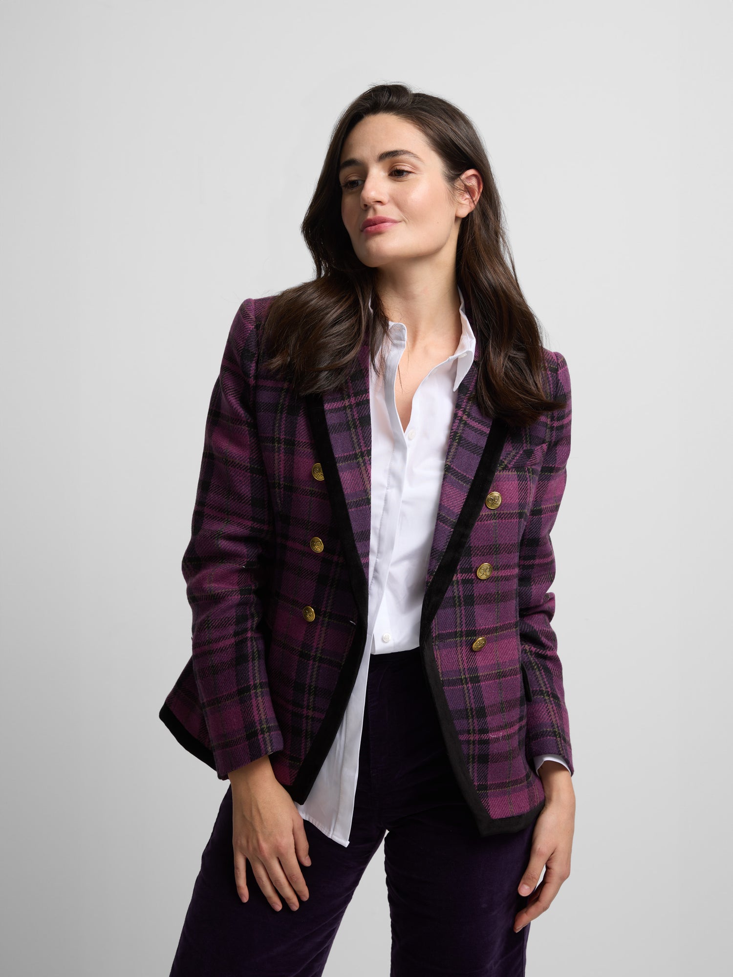 Blazer croisé violet à carreaux