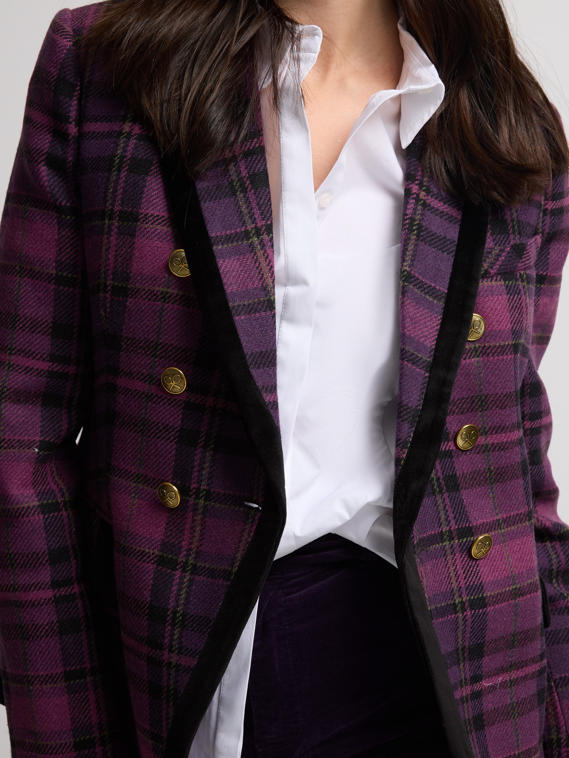 Blazer croisé violet à carreaux