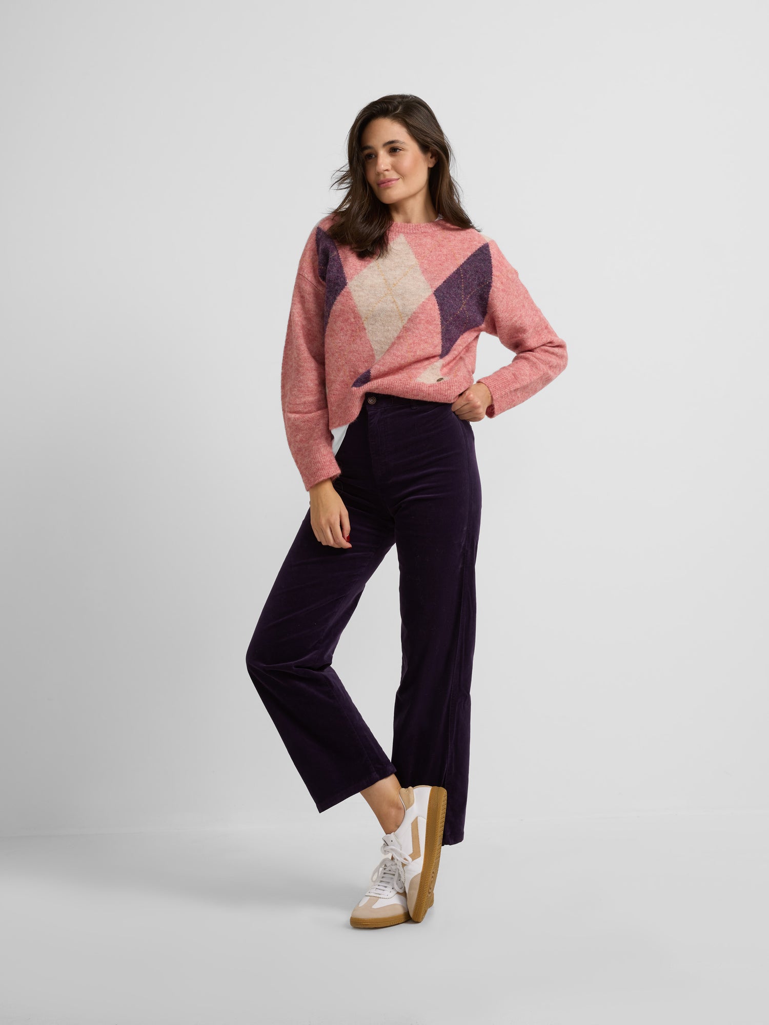 Purple velvet culotte pants with loops