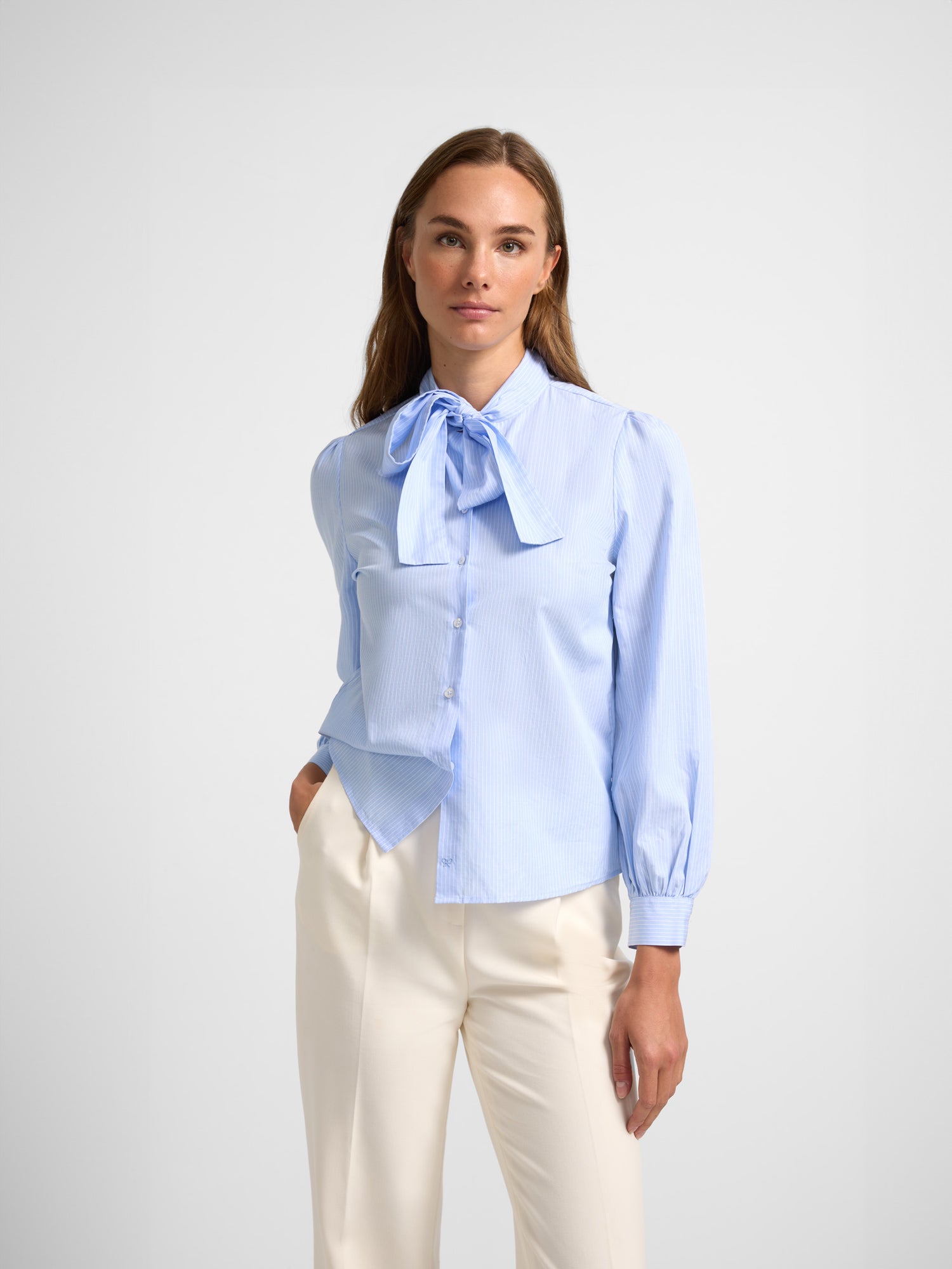 Unique woman shirt with light blue bow