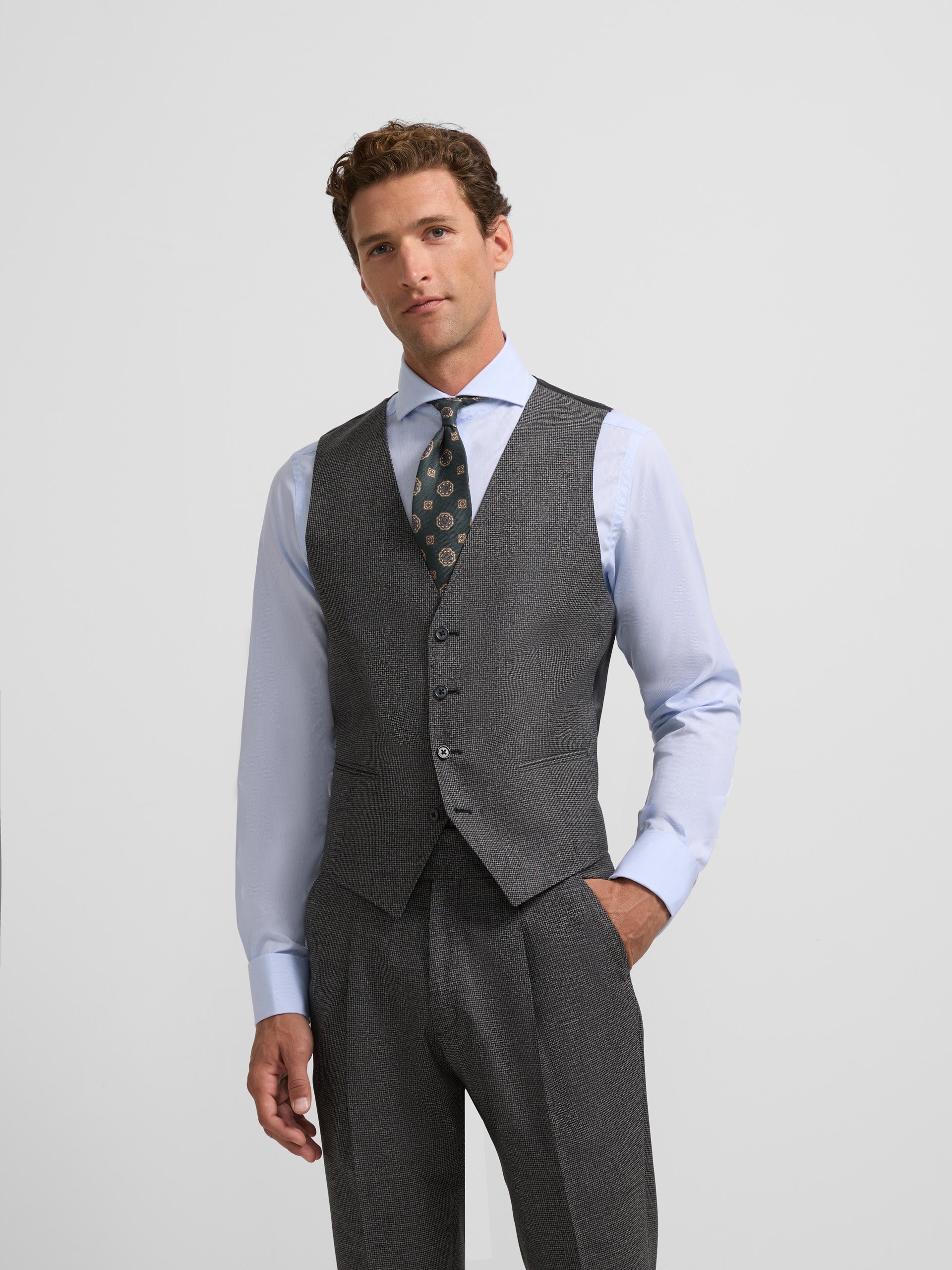 Grey Houndstooth Straight Suit Vest