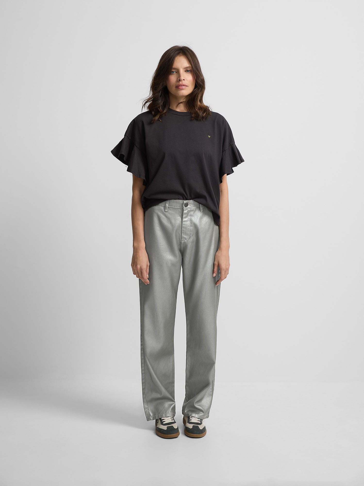 Pantalon jupe-culotte laminé argenté