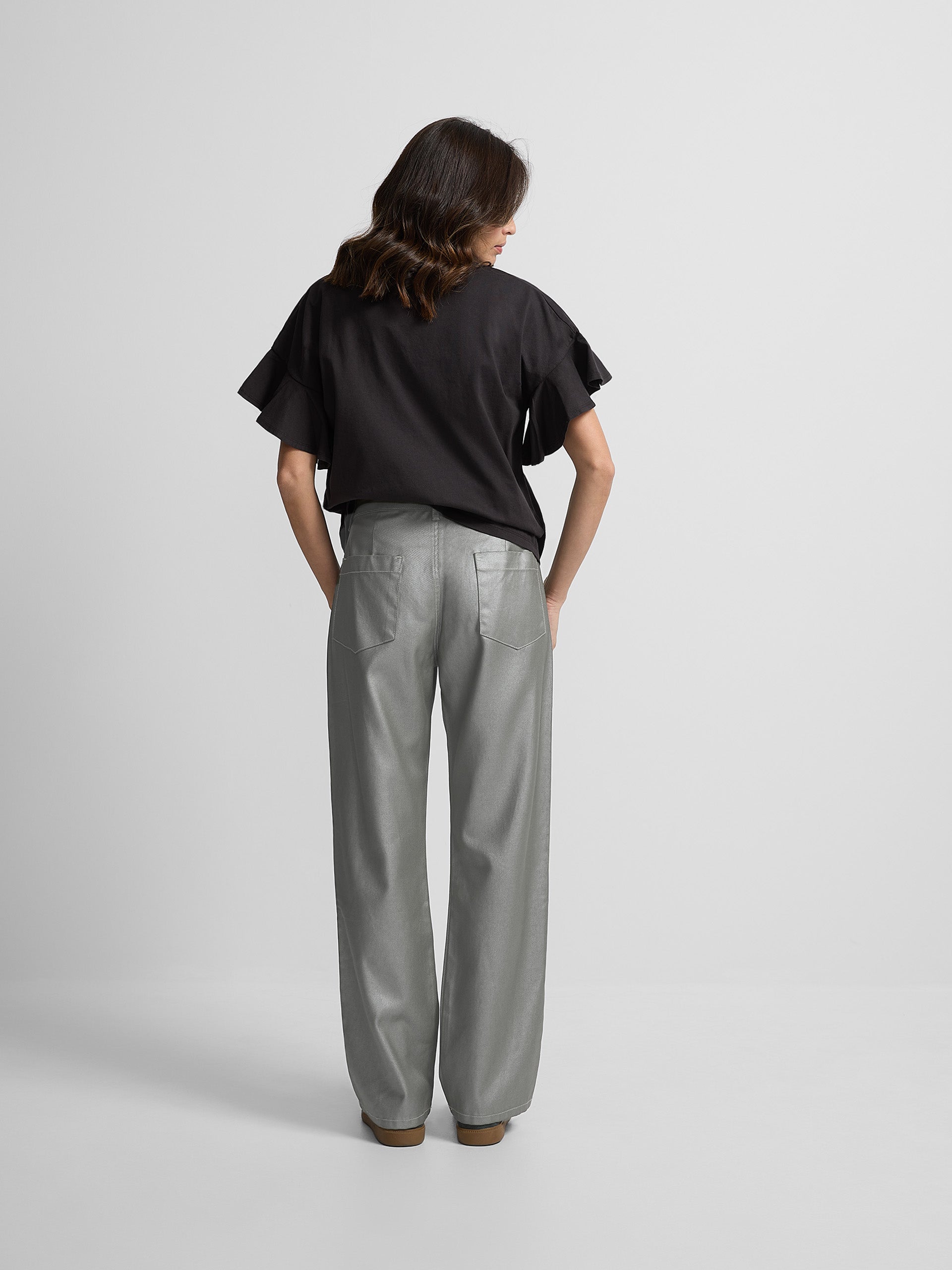 Pantalon jupe-culotte laminé argenté