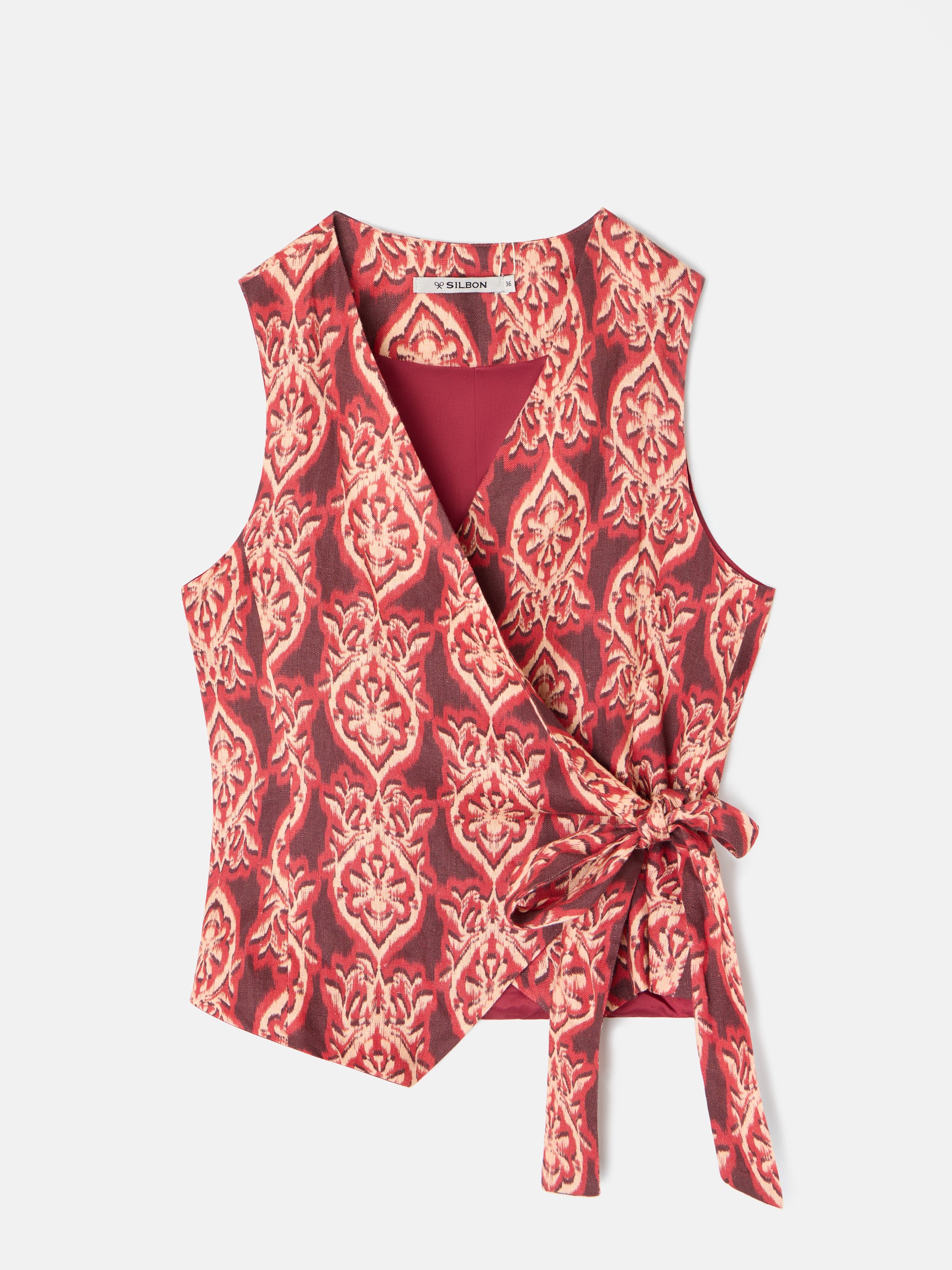 Red printed linen vest with bow