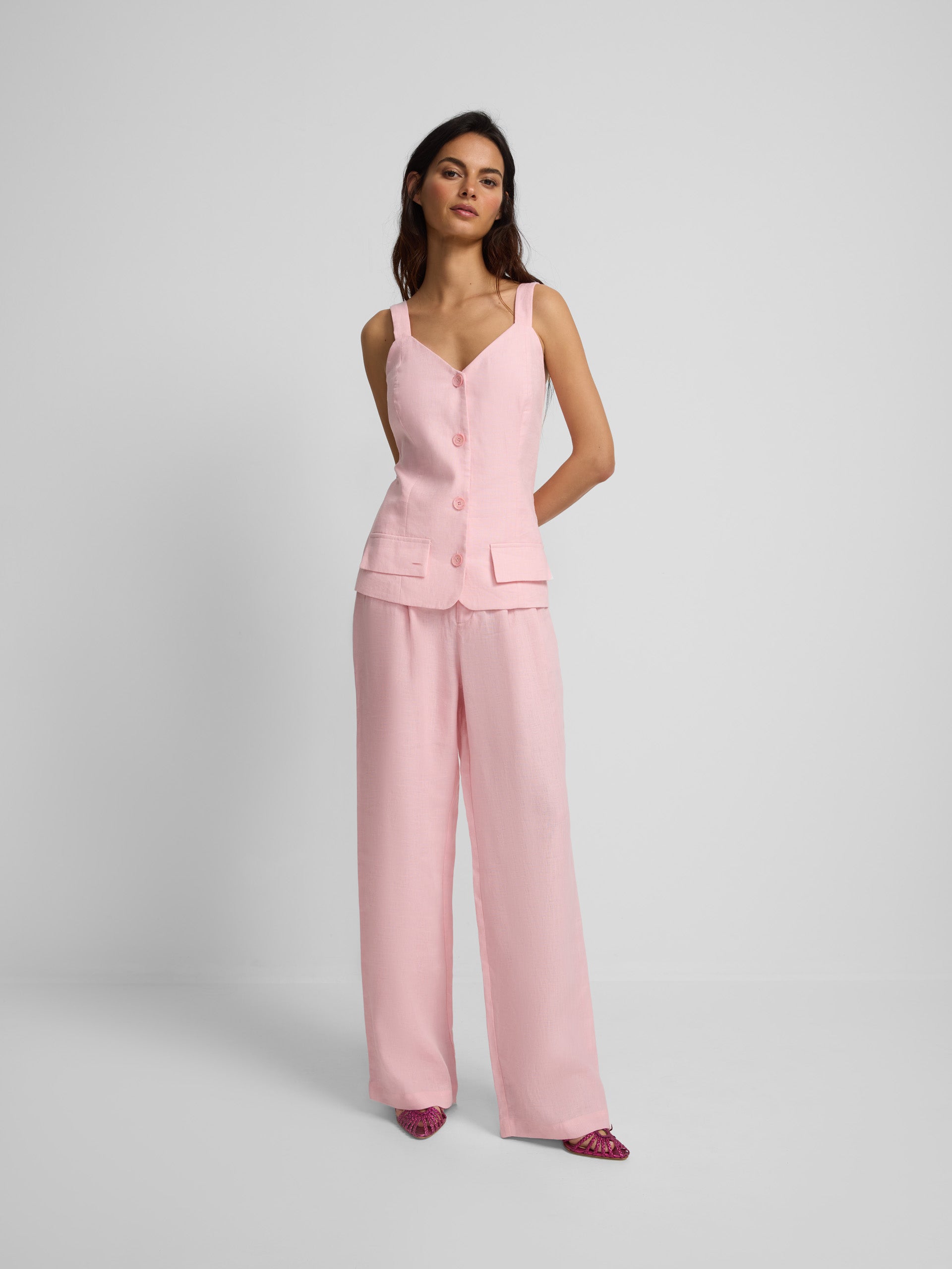 Pantalon lino pinzas rosa