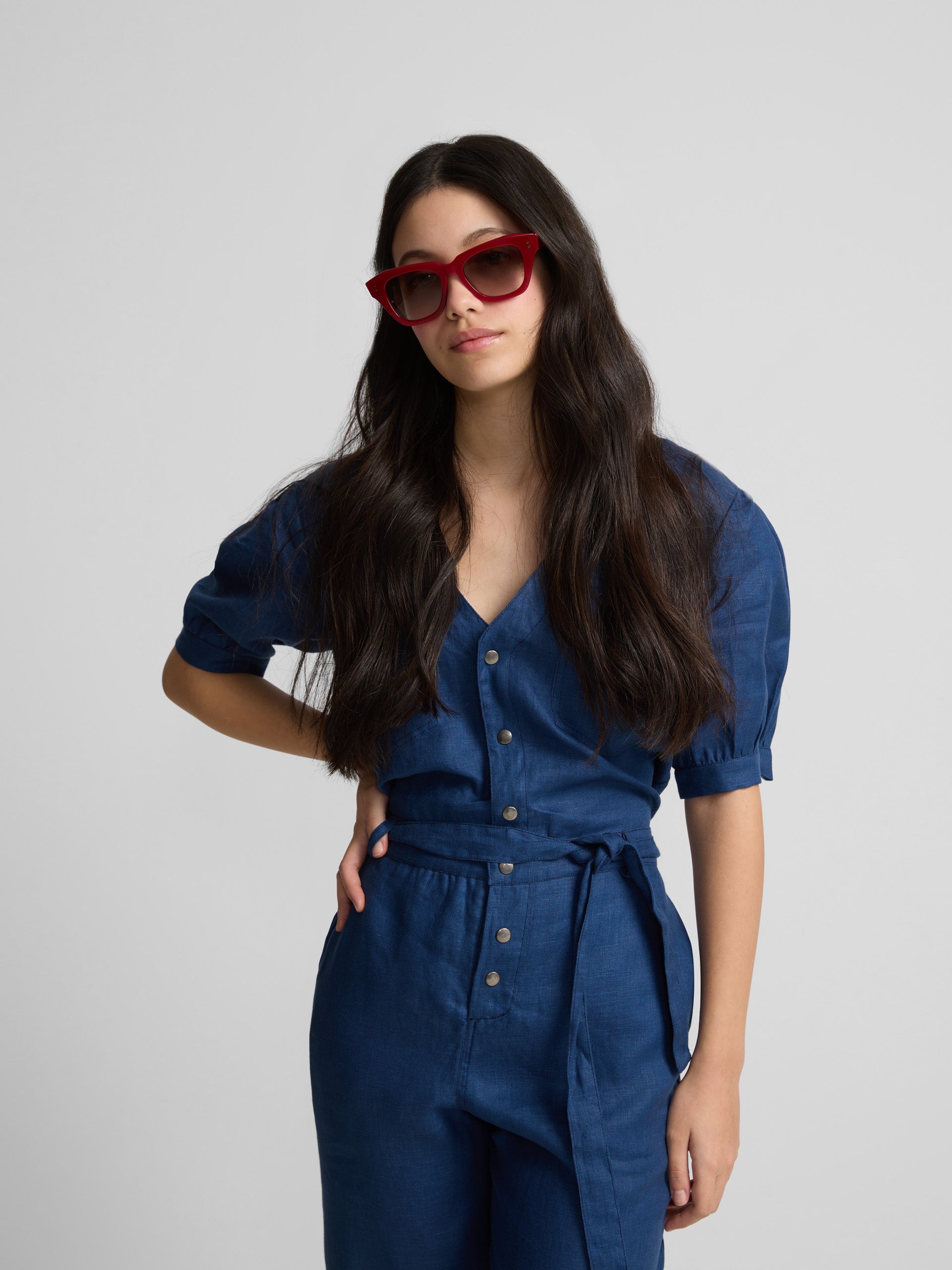 Navy short sleeve linen jumpsuit