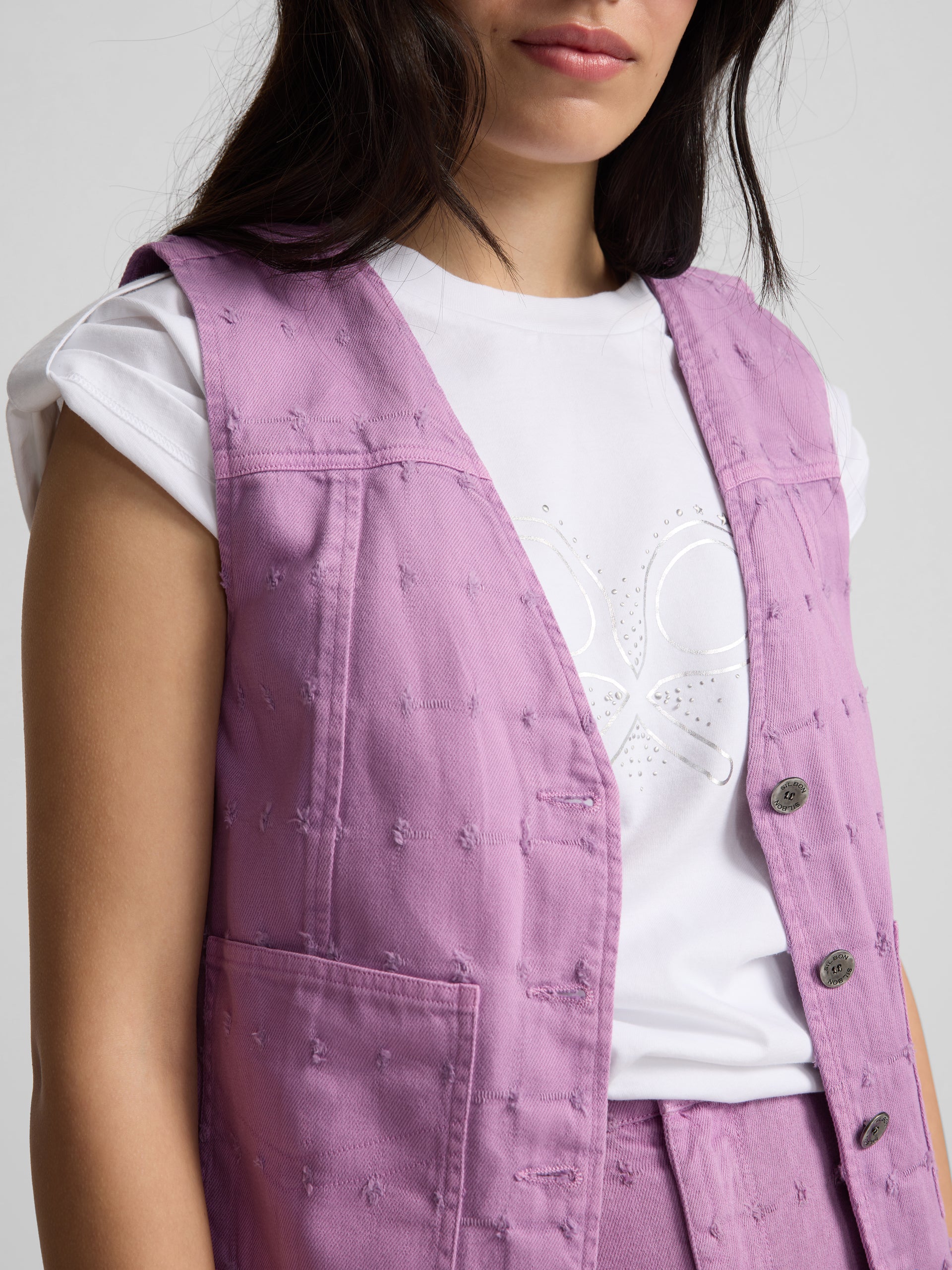 Purple openwork denim vest