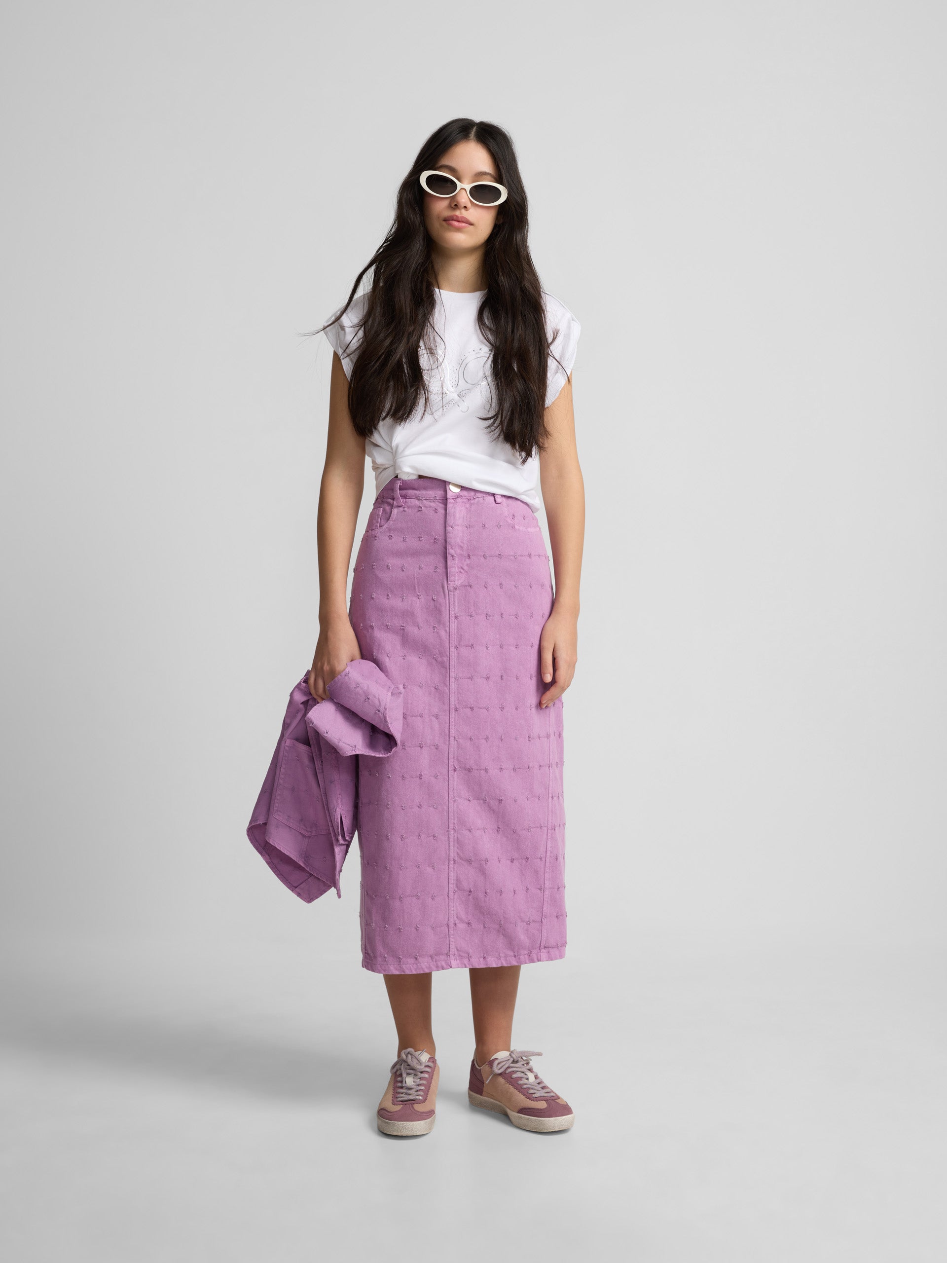 Purple openwork denim skirt