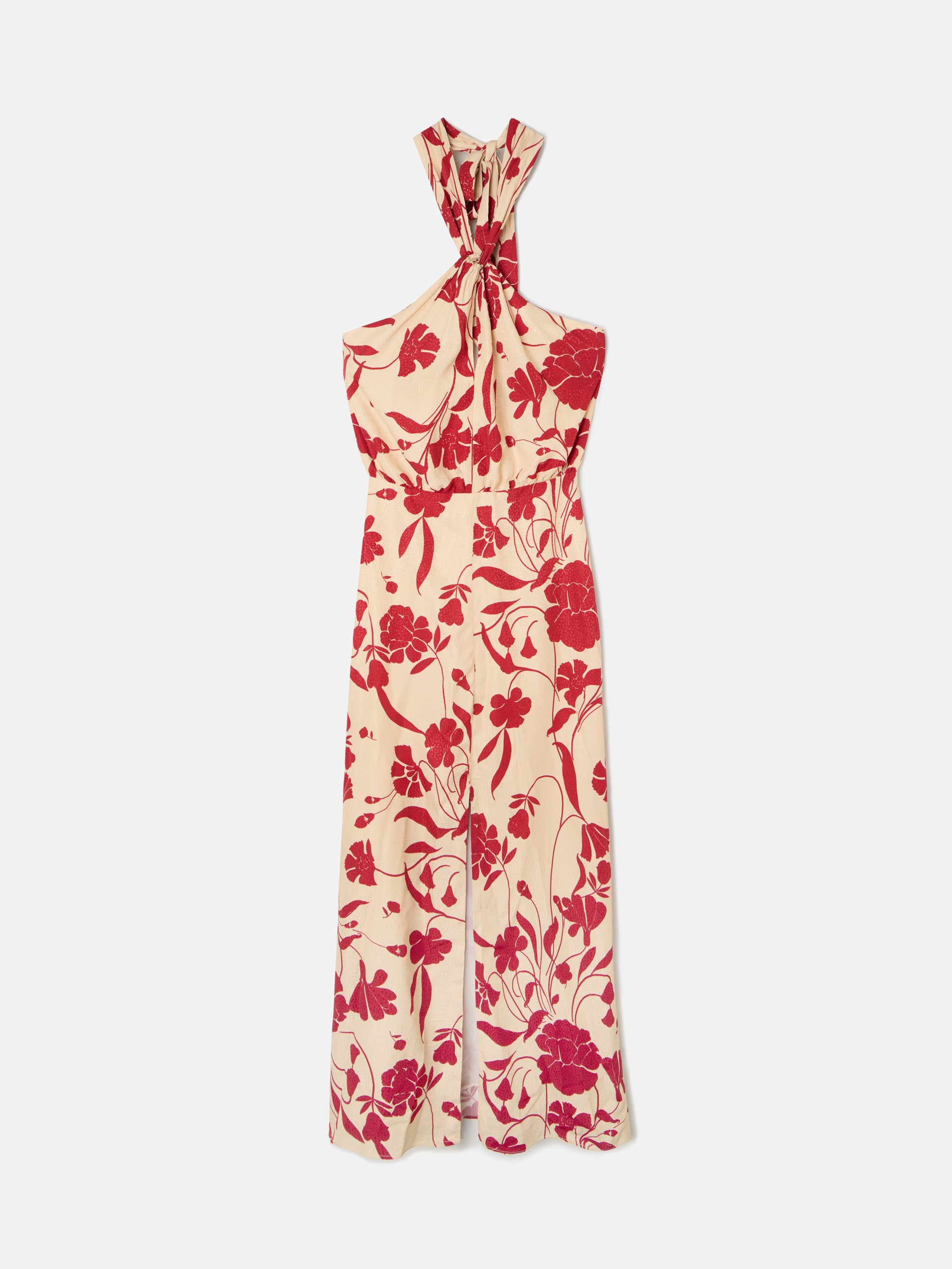 Vestido cuello halter estampado flores rojas