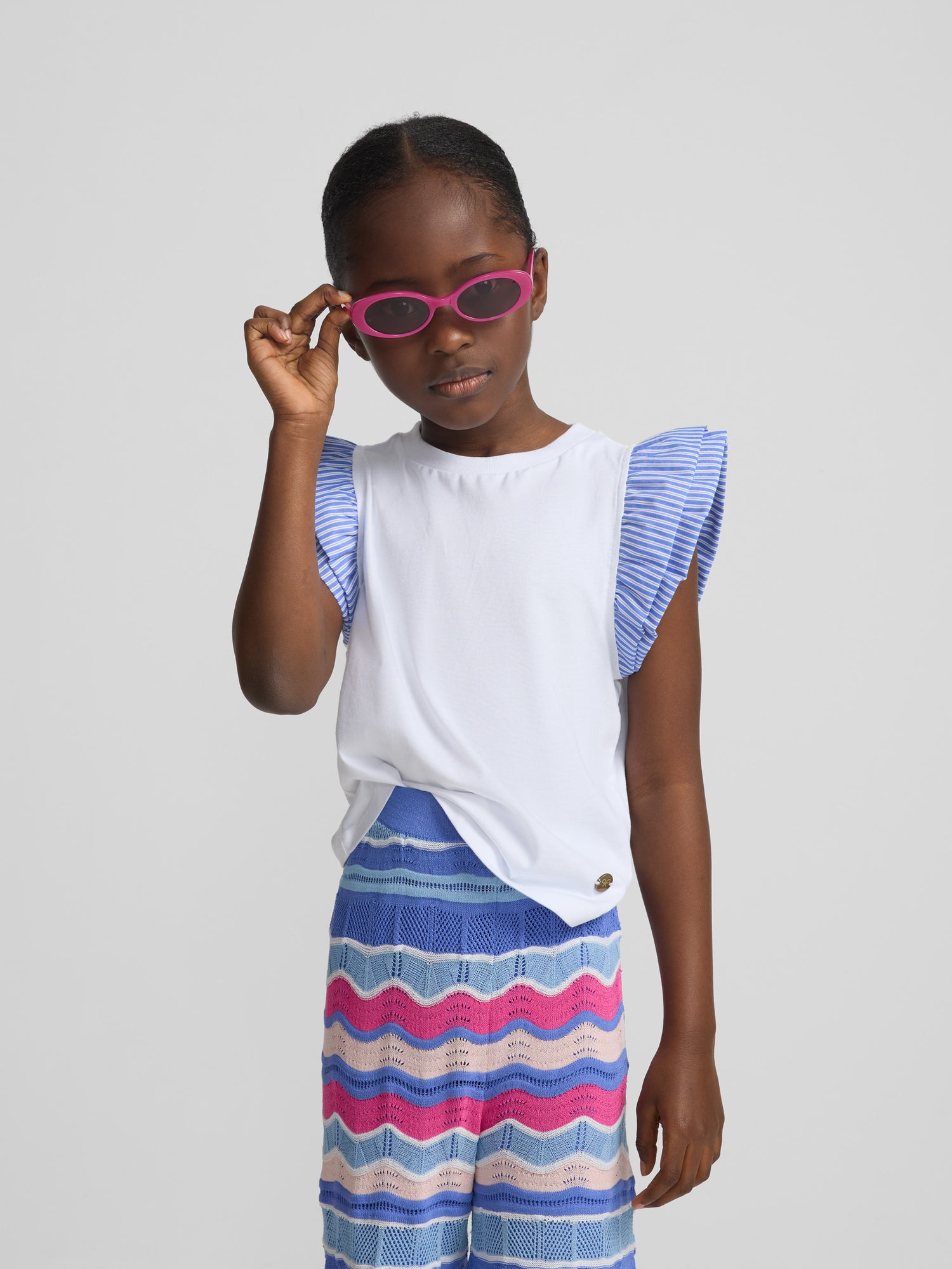 Girl's white striped ruffle t-shirt