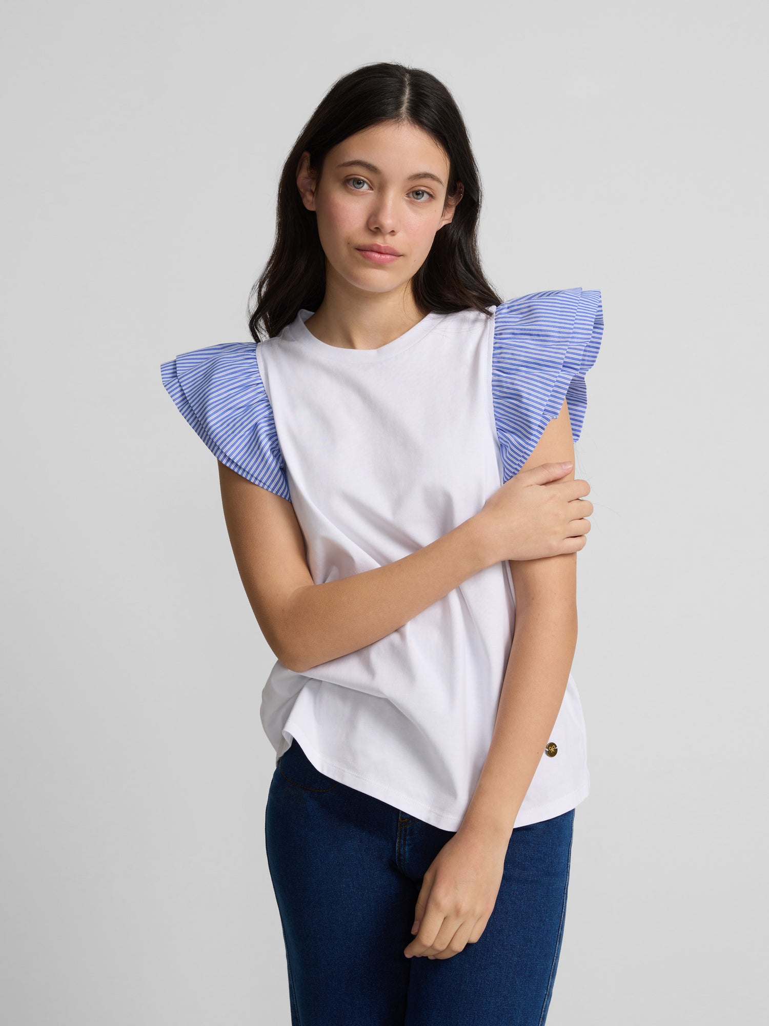 T-shirt femme blanc rayé à volants