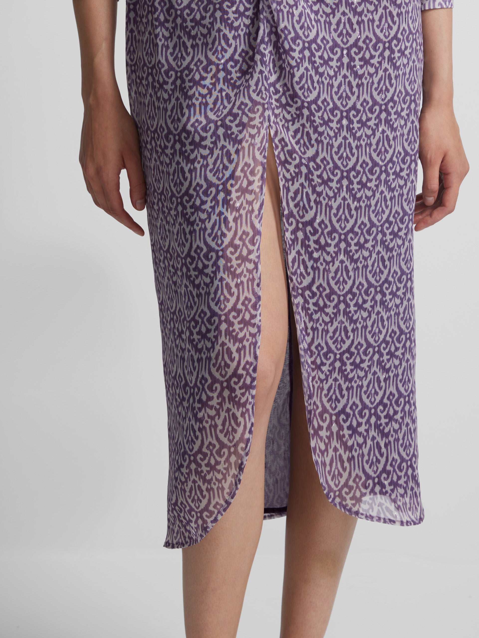 Falda midi abertura estampado ikat morado