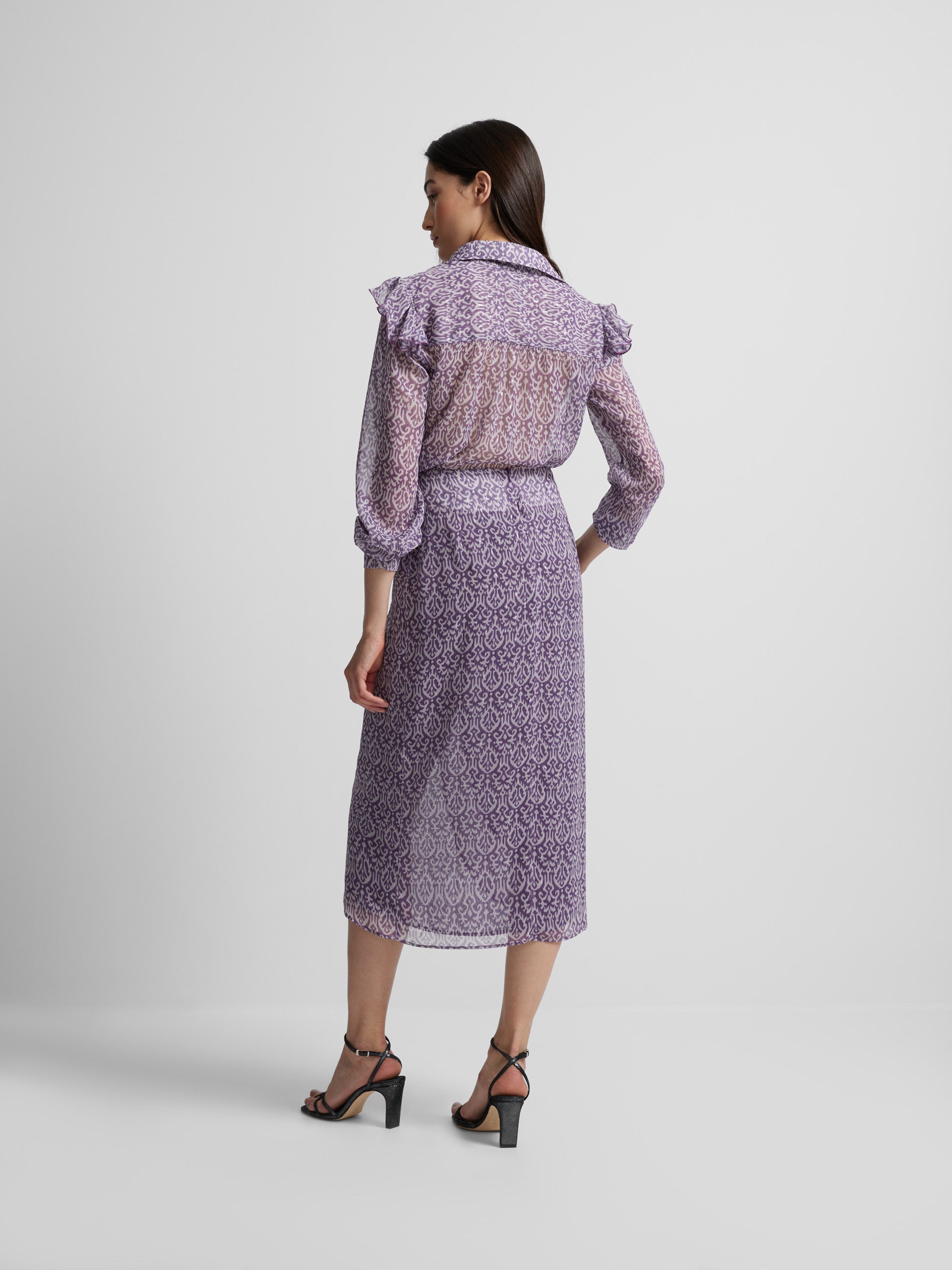 Falda midi abertura estampado ikat morado