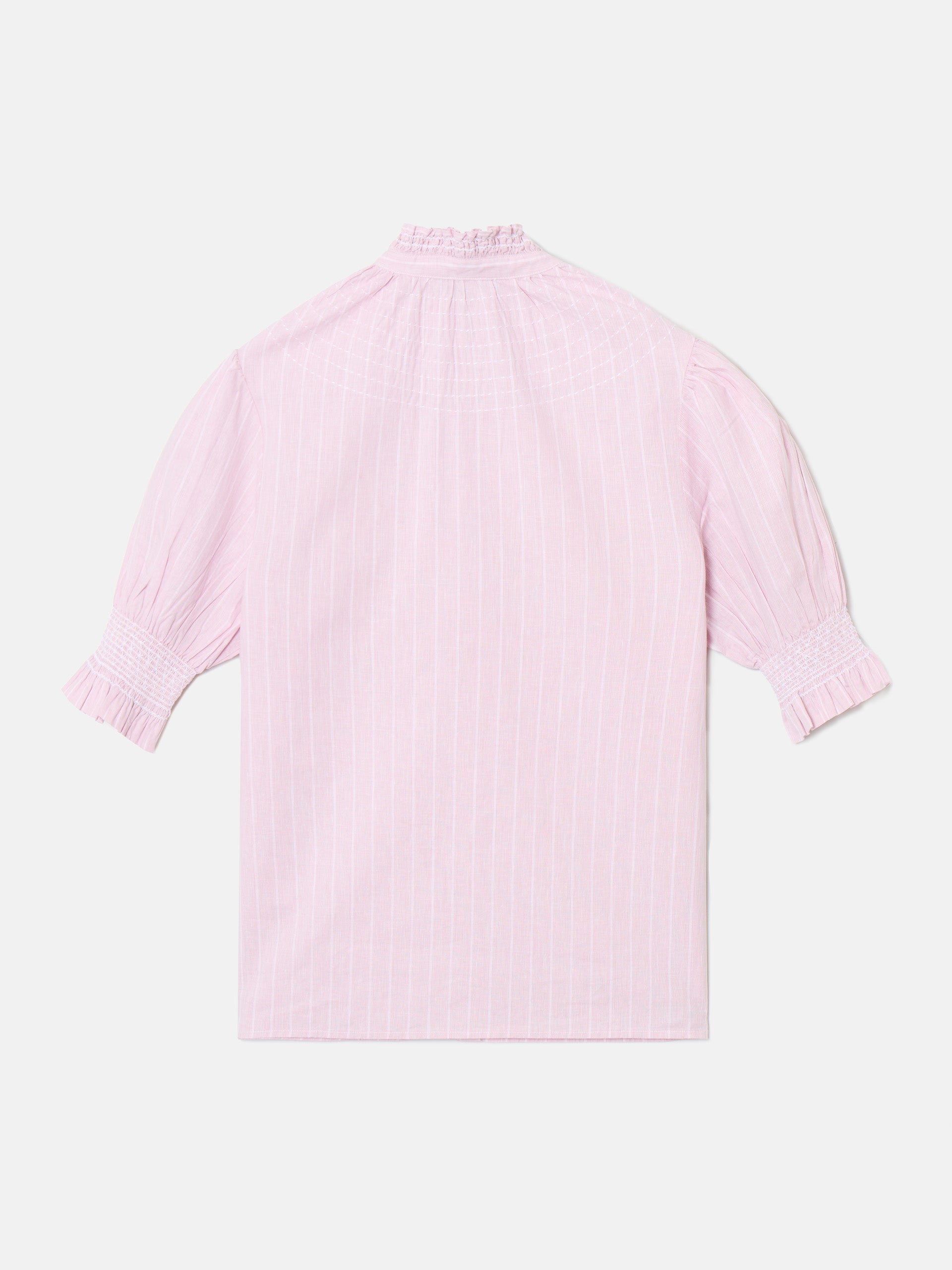 Camisa frunces lino rayas rosa 