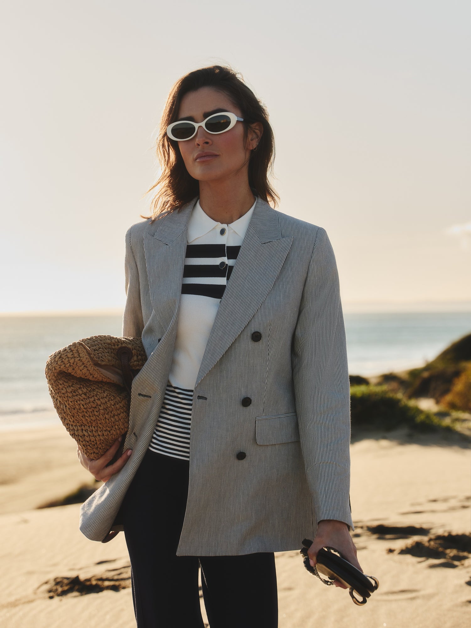 Double-breasted linen blazer in blue stripes