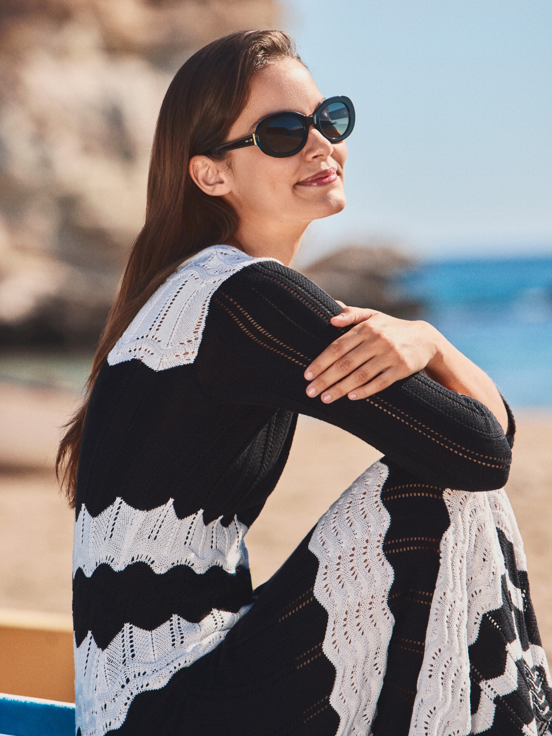 Black and white French sleeve knit dress