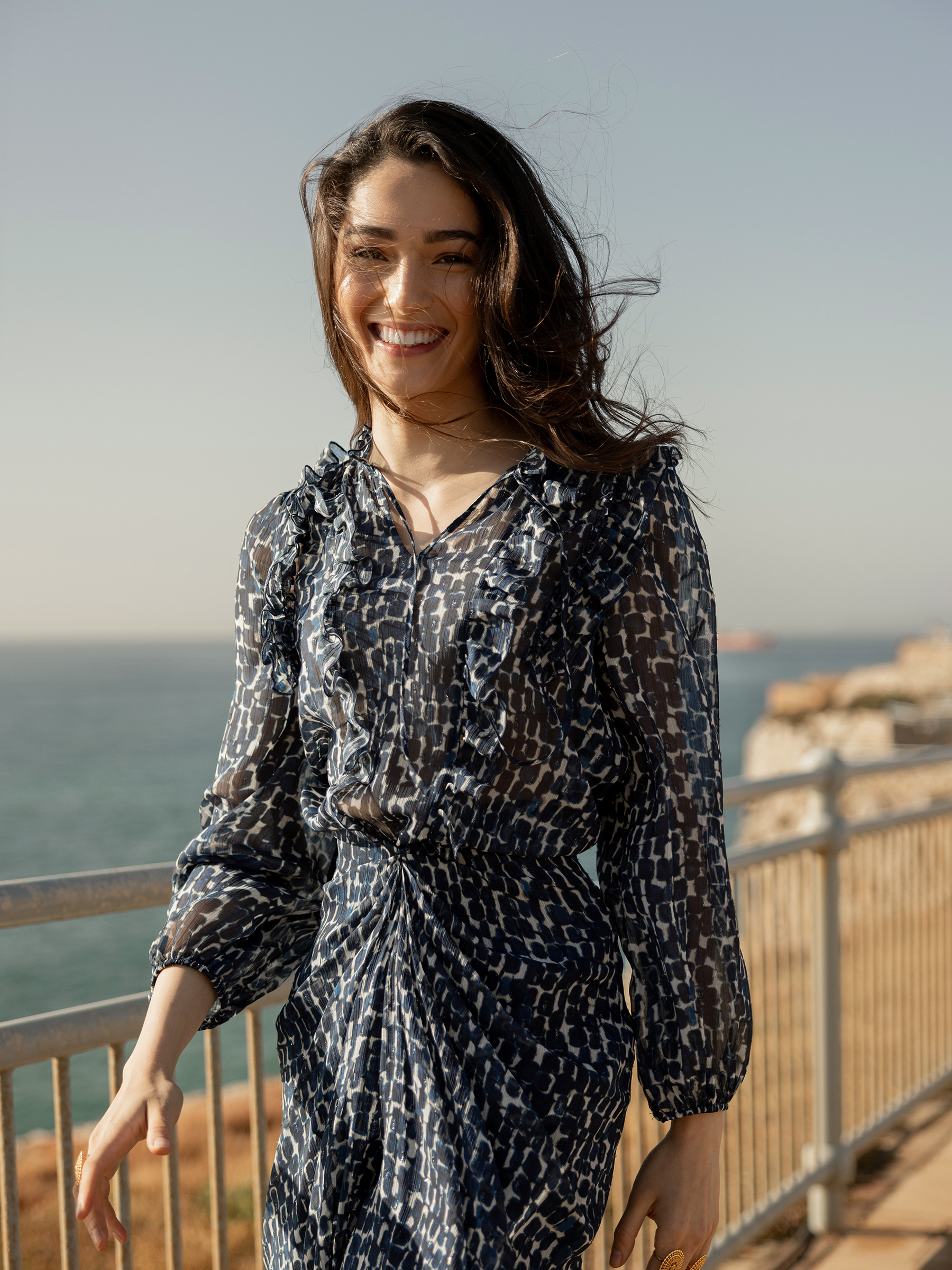 Blue printed ruffle blouse