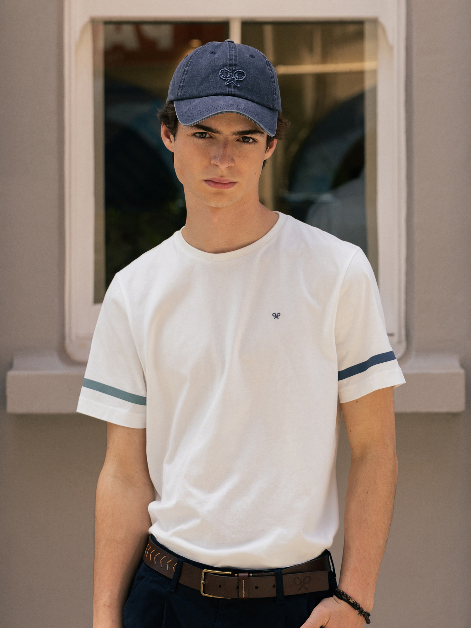 Striped t-shirt with blue white sleeves