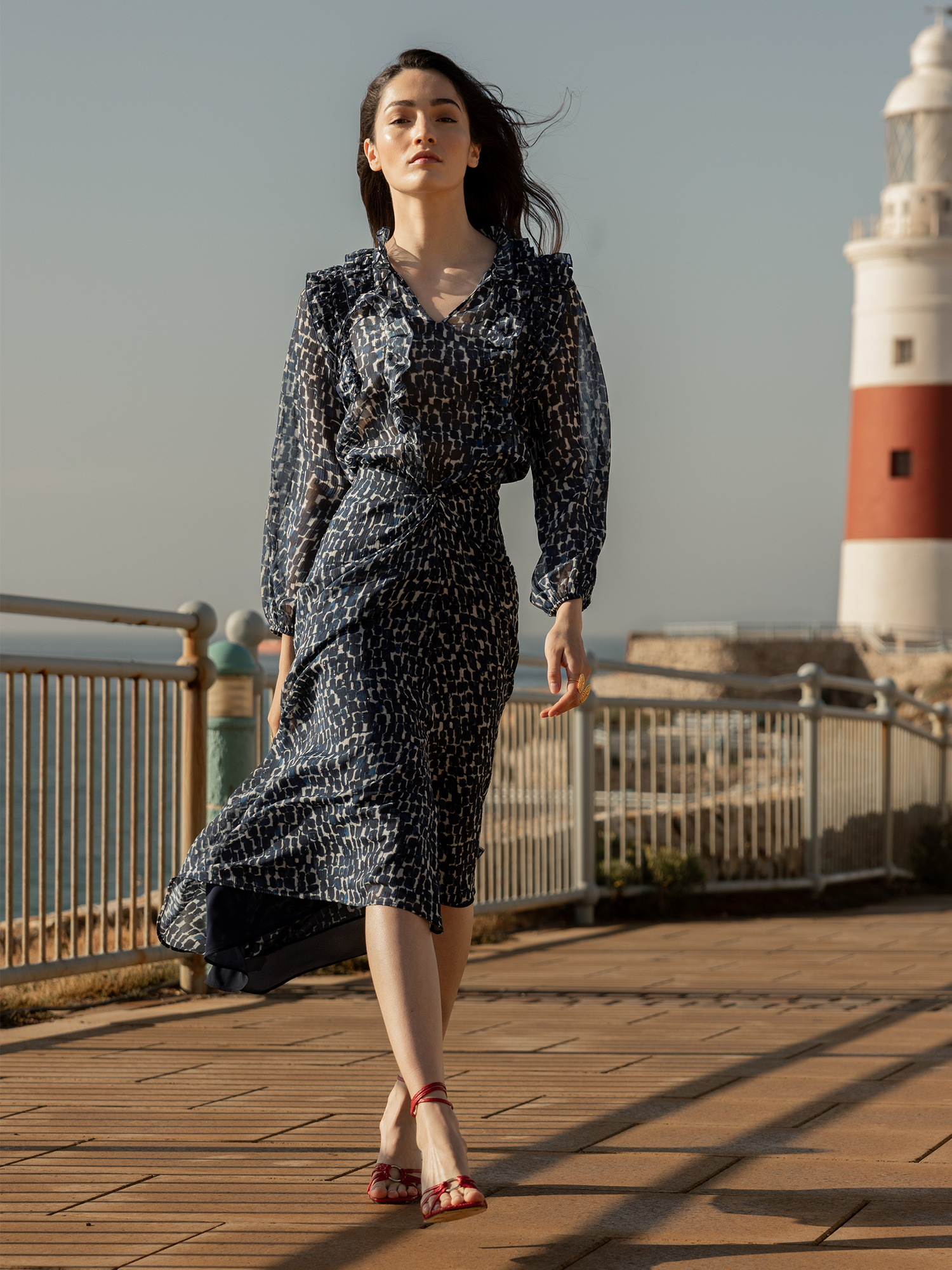 Blue printed draped skirt