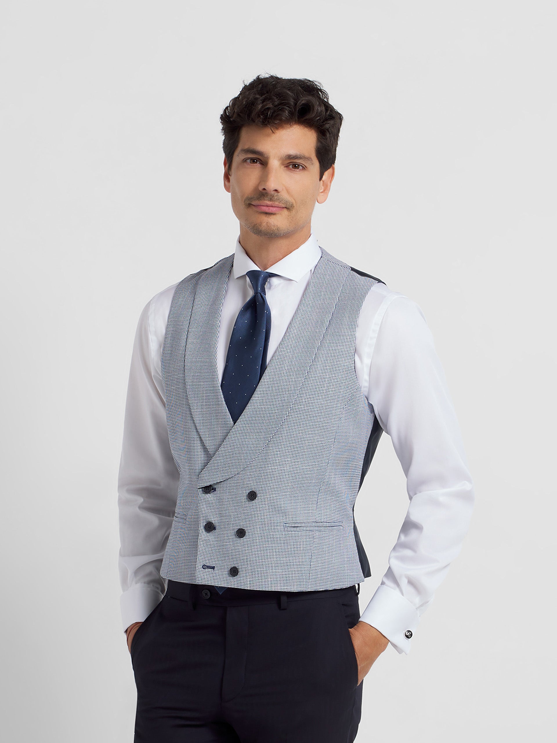 Blue houndstooth round neck waistcoat